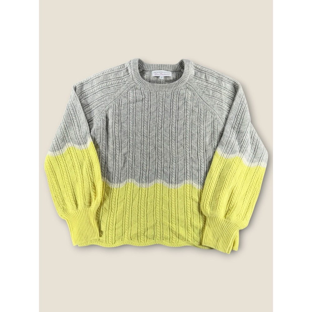 Design History Pure Cashmere Grey Yellow Cable Knit Dip Dye Sweater M RN108357